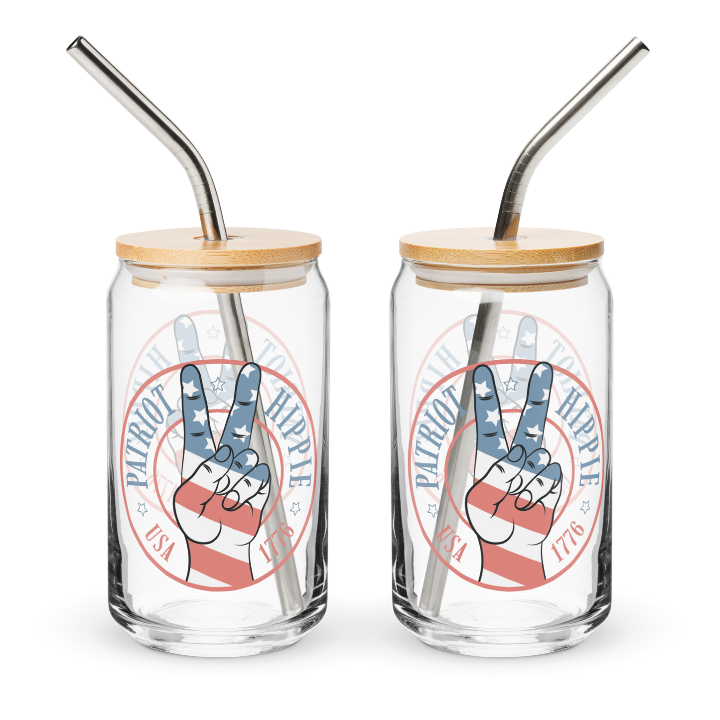 Patriot Hippie "Hand of Peace" Can-Shaped Glass with Lid & Straw 16oz