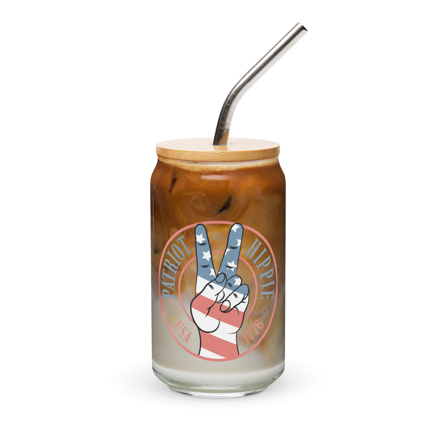 Patriot Hippie "Hand of Peace" Can-Shaped Glass with Lid & Straw 16oz