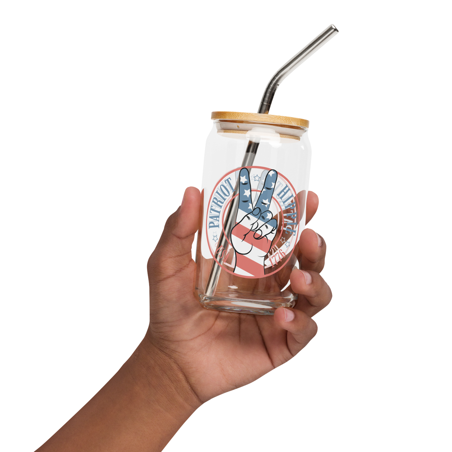Patriot Hippie "Hand of Peace" Can-Shaped Glass with Lid & Straw 16oz